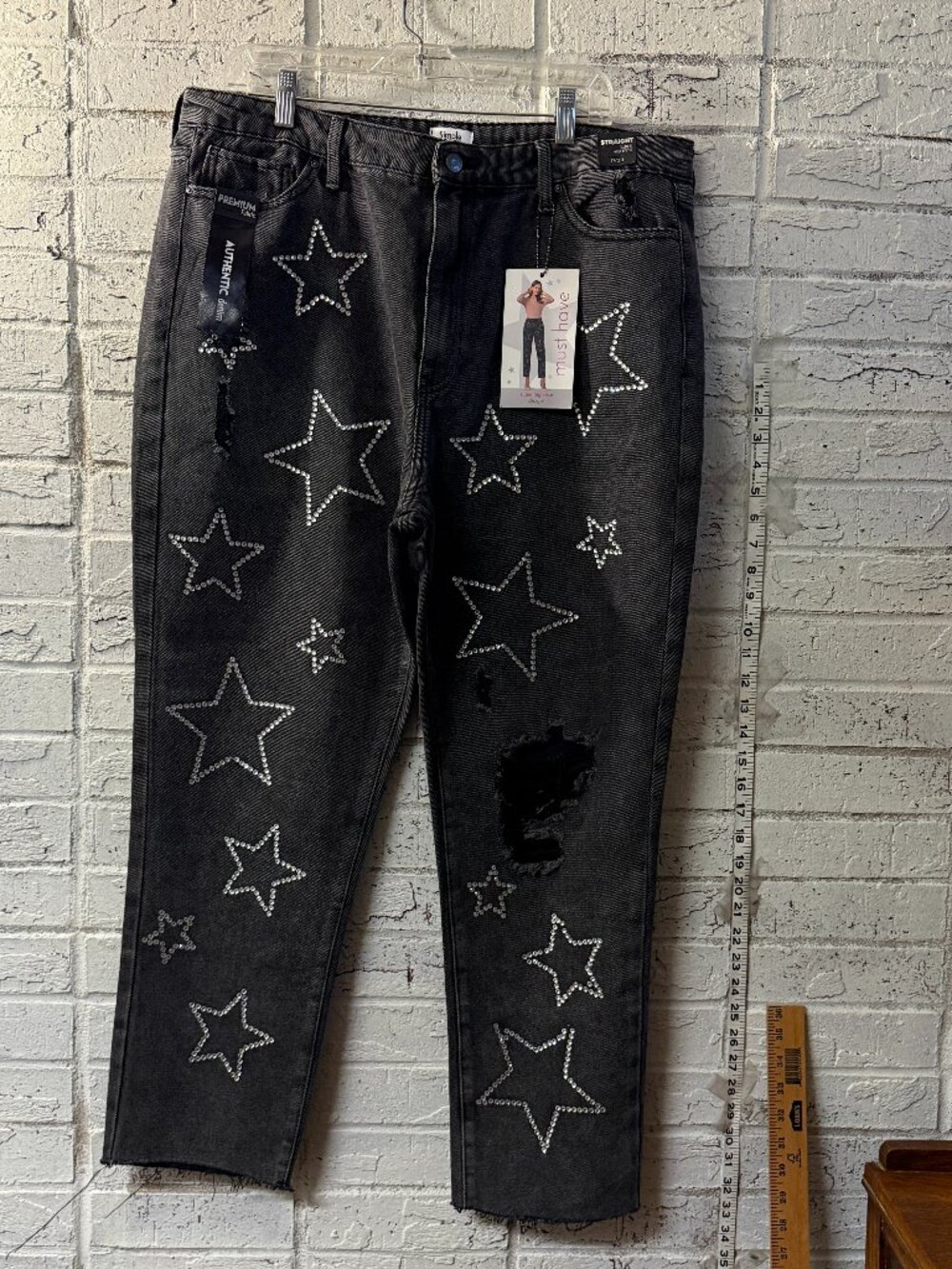 Simple Society Rhinestone Star Jeans 17/33 Black Super High Rise Straight NWT